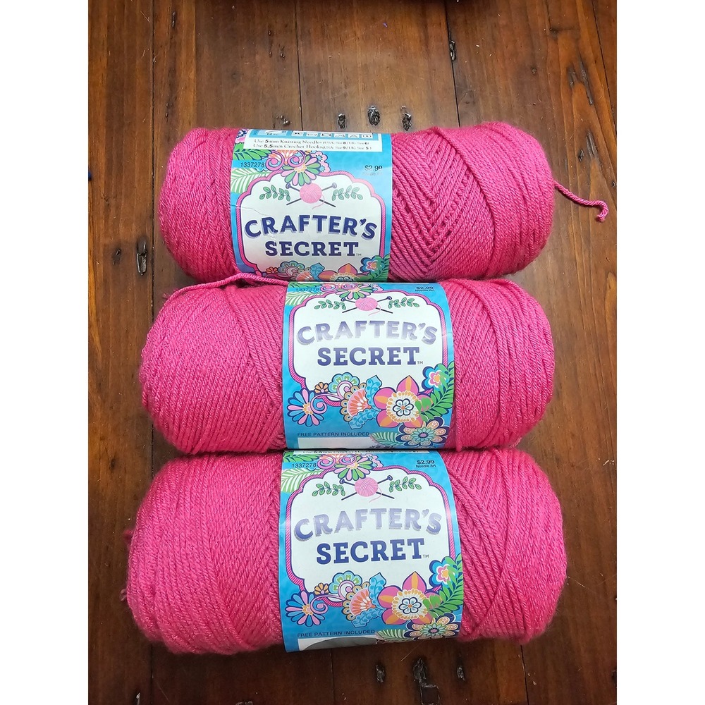 Crafter's Secret Yarn 3 Skeins Hot Rose 63 Medium 4 Acrylic 1065 Yards Total